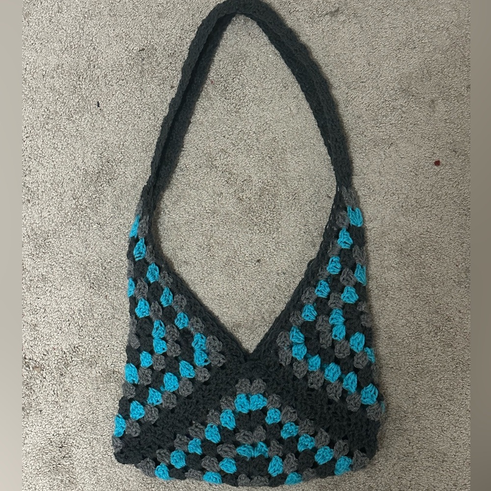 handmade crocheted, blue and gray bag